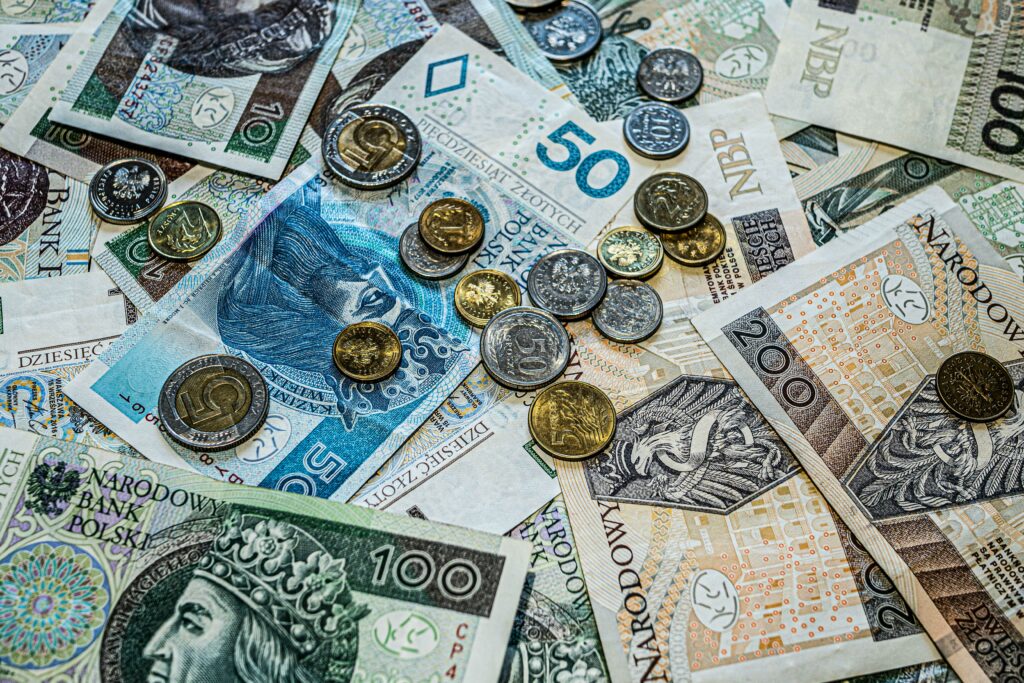 Close-up of Polish złoty currency, including various banknotes and coins scattered.